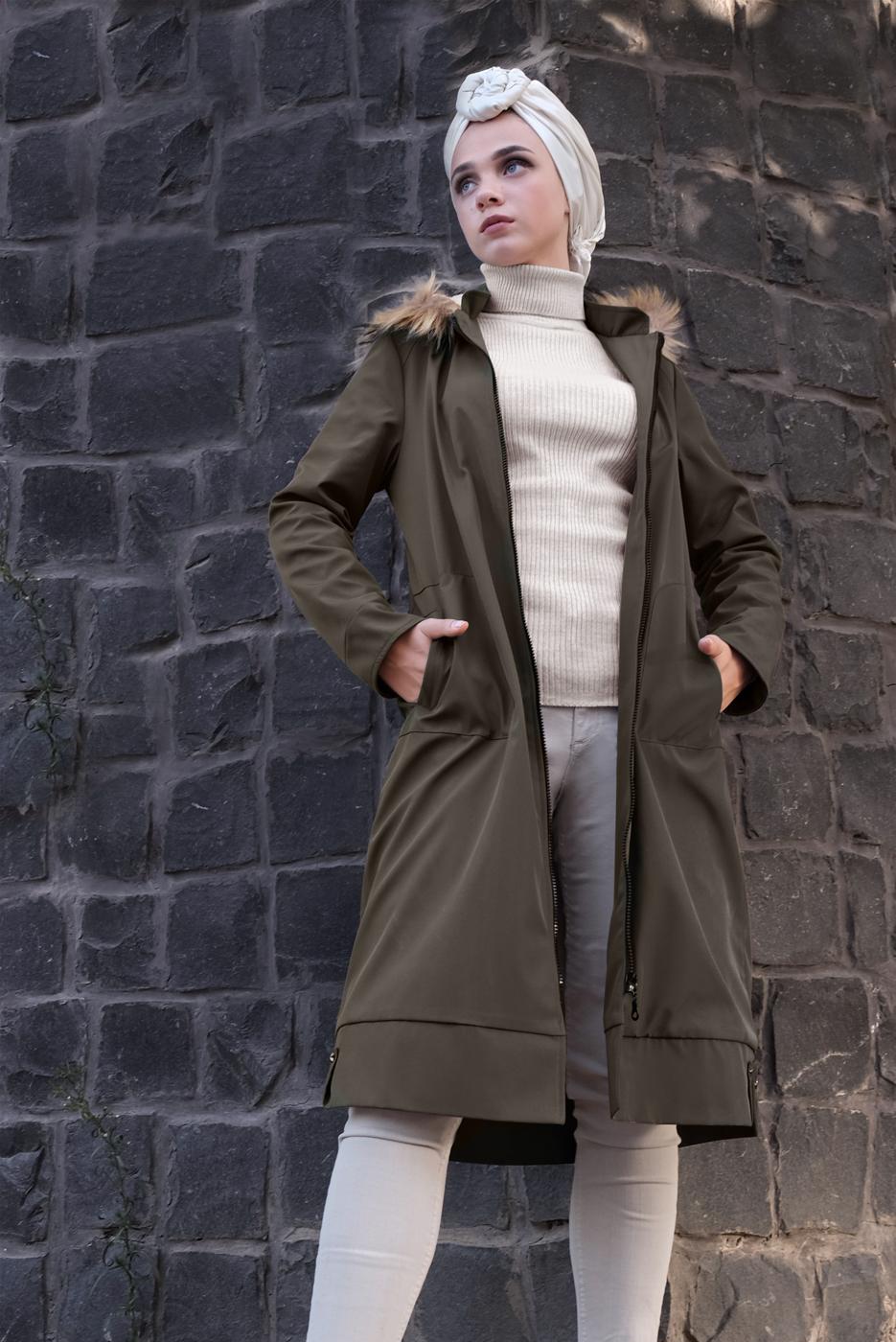Tesettür giyim HAKİ KÜRKLÜ KAPÜŞONLU KABAN 2004