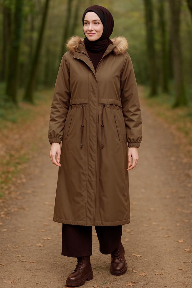 Tesettür giyim  KAPÜŞONLU KABAN T 2104 - TRENDTESETTÜR