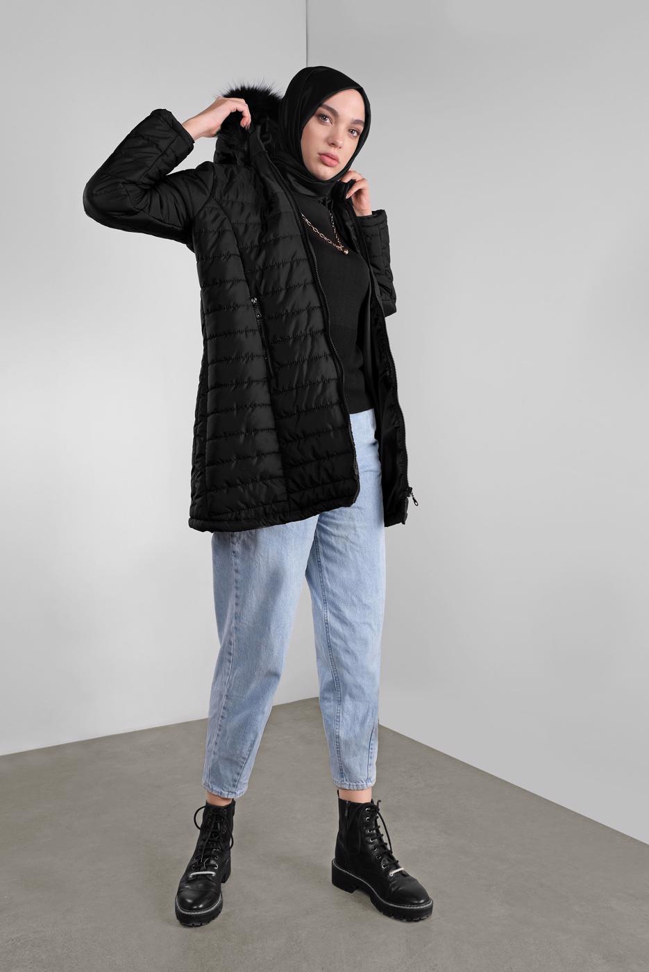 Hijab clothing BLACK HOODED PUFFER COAT 3001