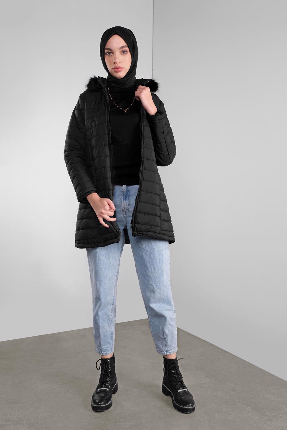 Hijab clothing BLACK HOODED PUFFER COAT 3001