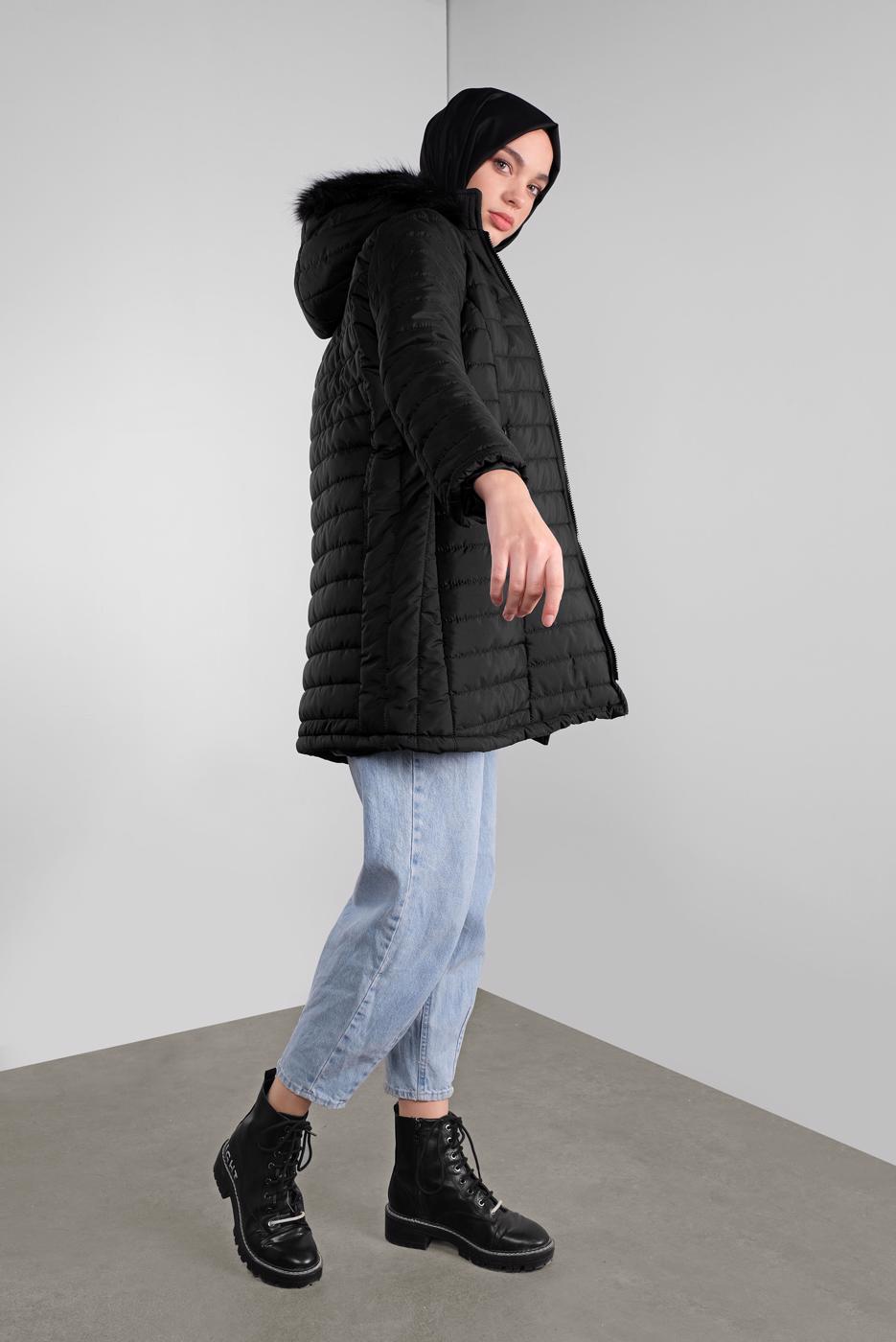 Hijab clothing BLACK HOODED PUFFER COAT 3001