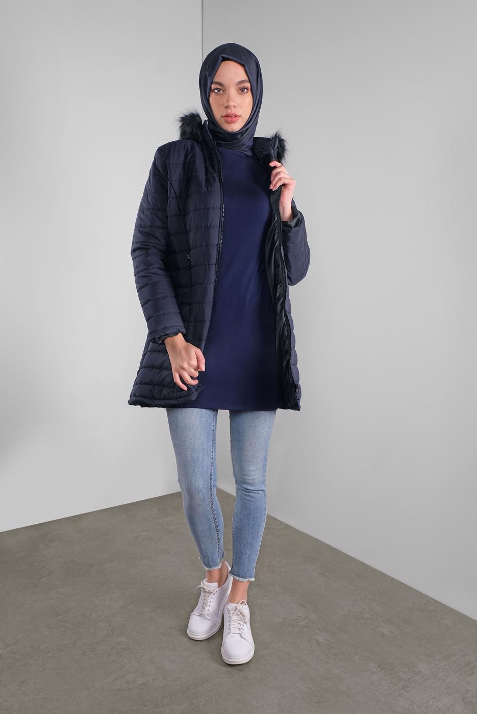 Vêtements hijab BLEU MARINE CABAN RÉMBOURRÉ À CAPUCHE 3001 