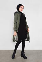 Hijab clothing KHAKI FAUX-FUR-TRIM HOODED COAT 3004