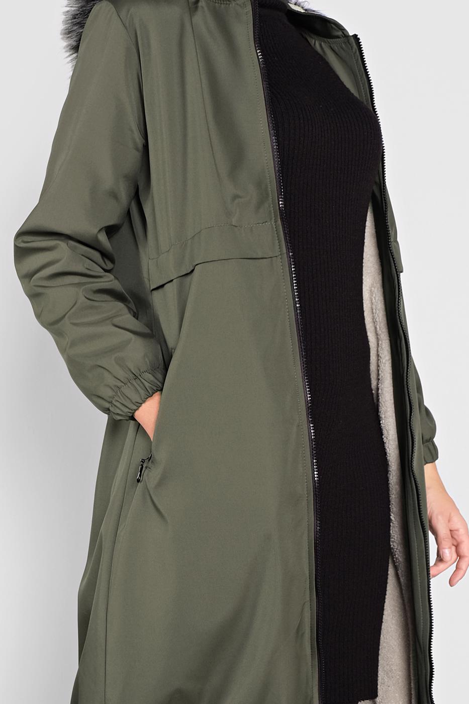 Tesettür giyim HAKİ KÜRKLÜ KAPÜŞONLU KABAN  3004