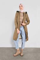 Hijab clothing BROWN FAUX-FUR-TRIM HOODED COAT 3004