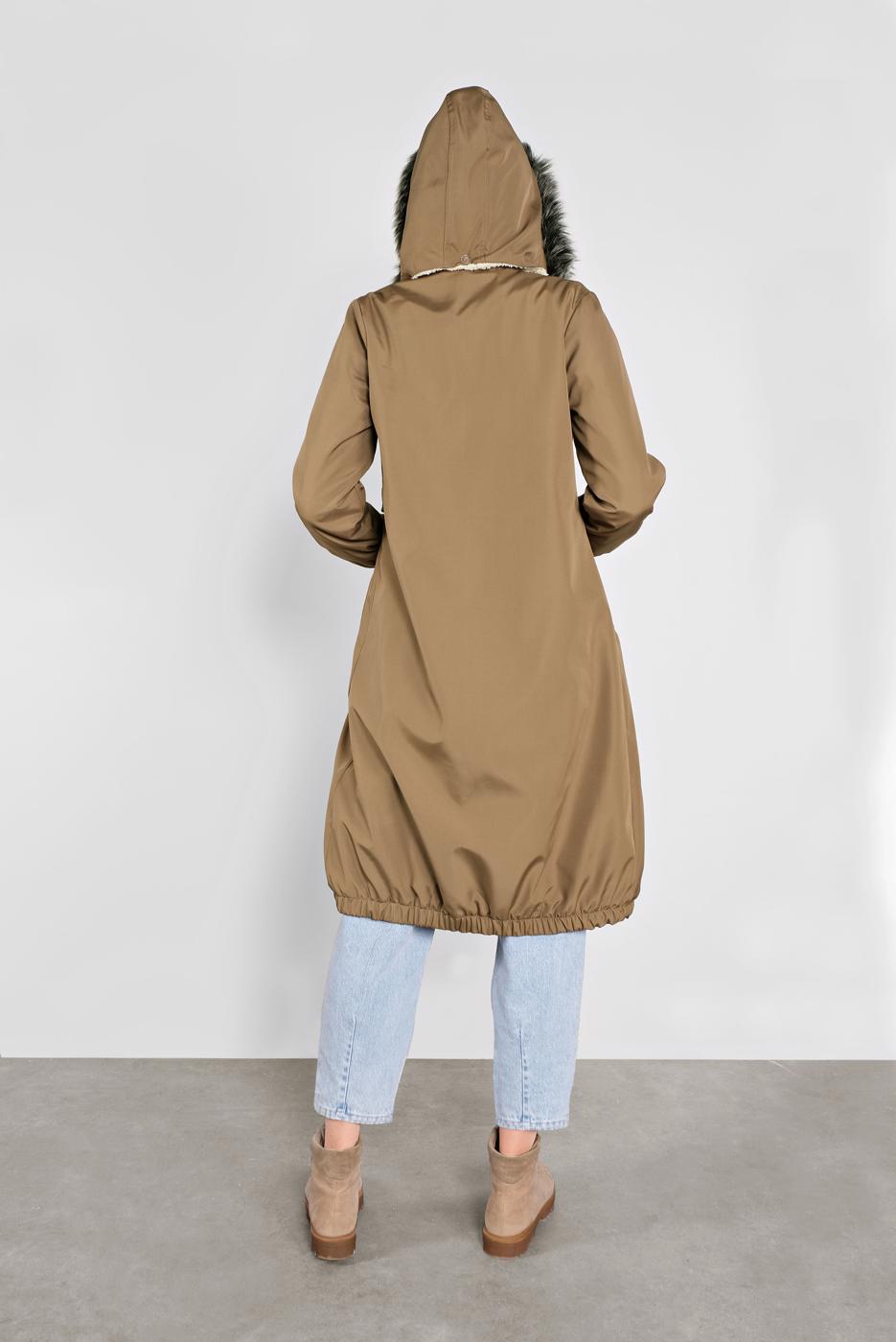 Hijab clothing BROWN FAUX-FUR-TRIM HOODED COAT 3004