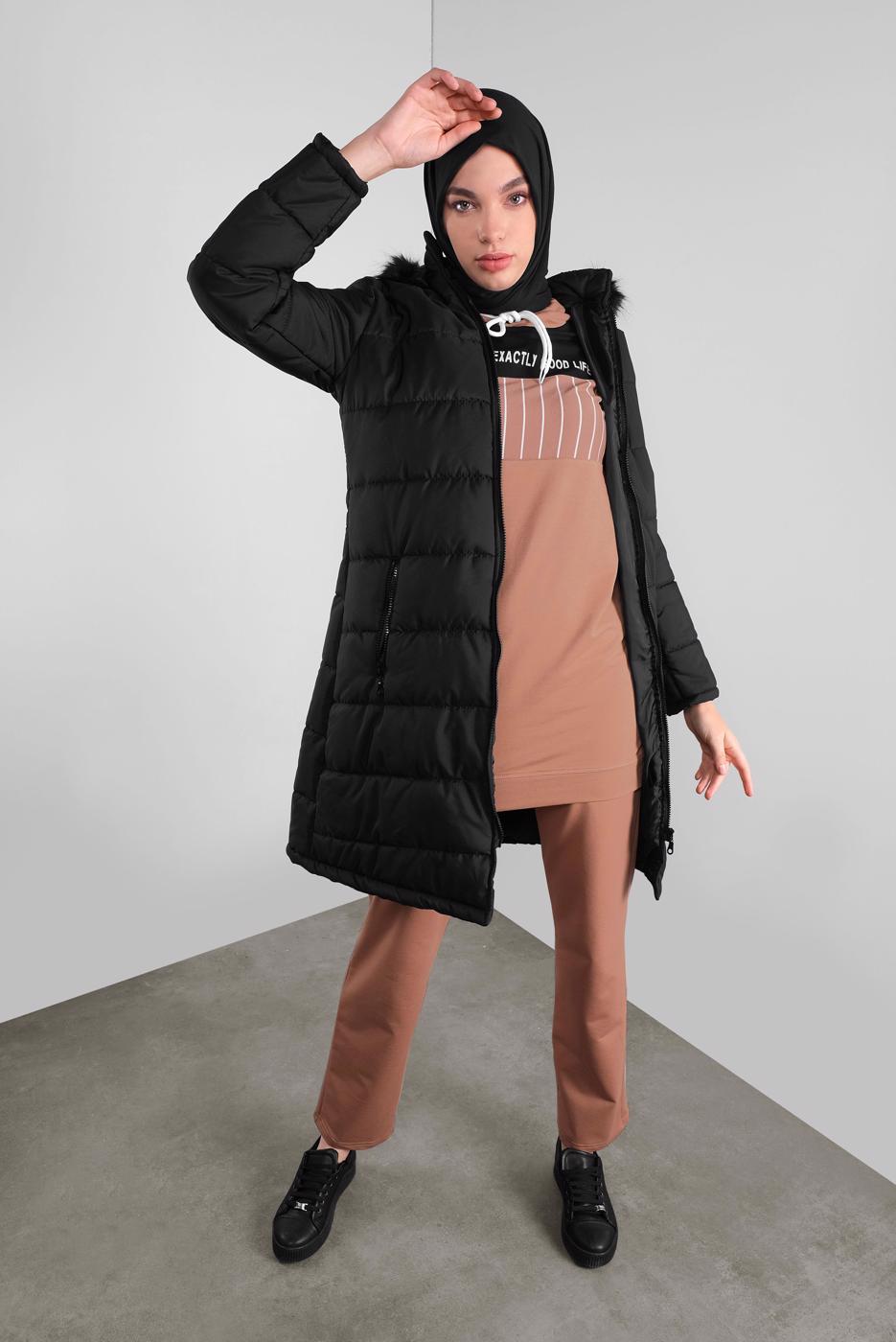 Vêtements hijab NOIR MANTEAU ZIPPÉ À REMBOURRÉ À CAPUCHE 4001 