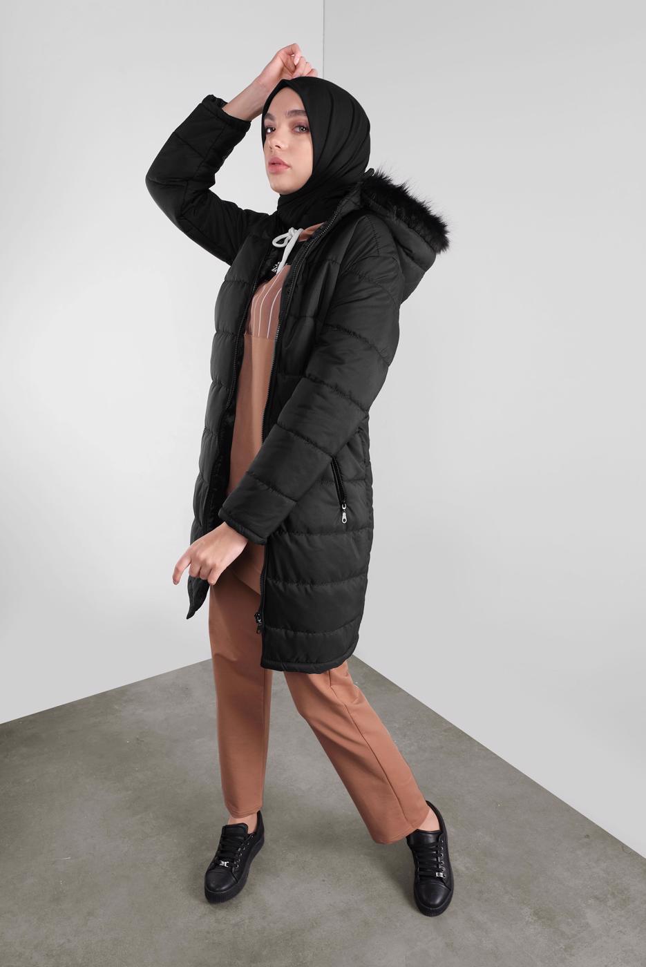 Vêtements hijab NOIR MANTEAU ZIPPÉ À REMBOURRÉ À CAPUCHE 4001 