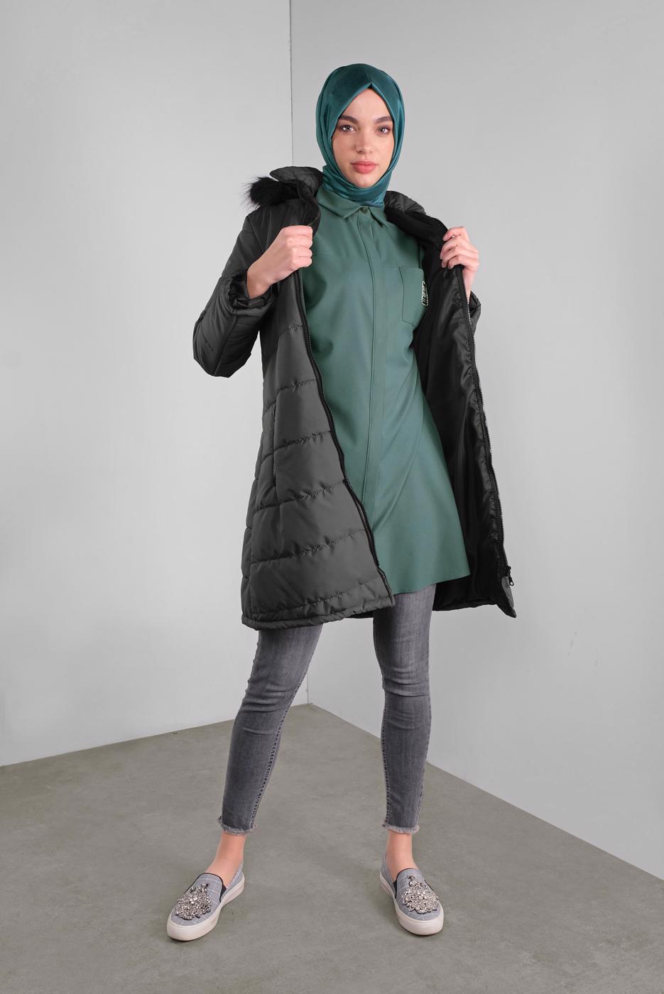 Hijab clothing GREY ZIPPED HOODED PUFFER COAT 4001