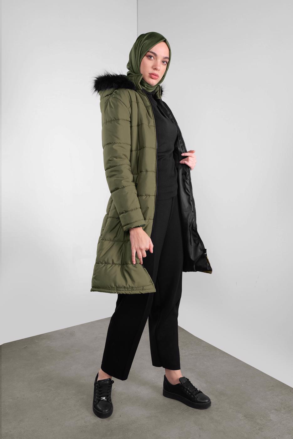 Hijab clothing KHAKI ZIPPED HOODED PUFFER COAT 4001