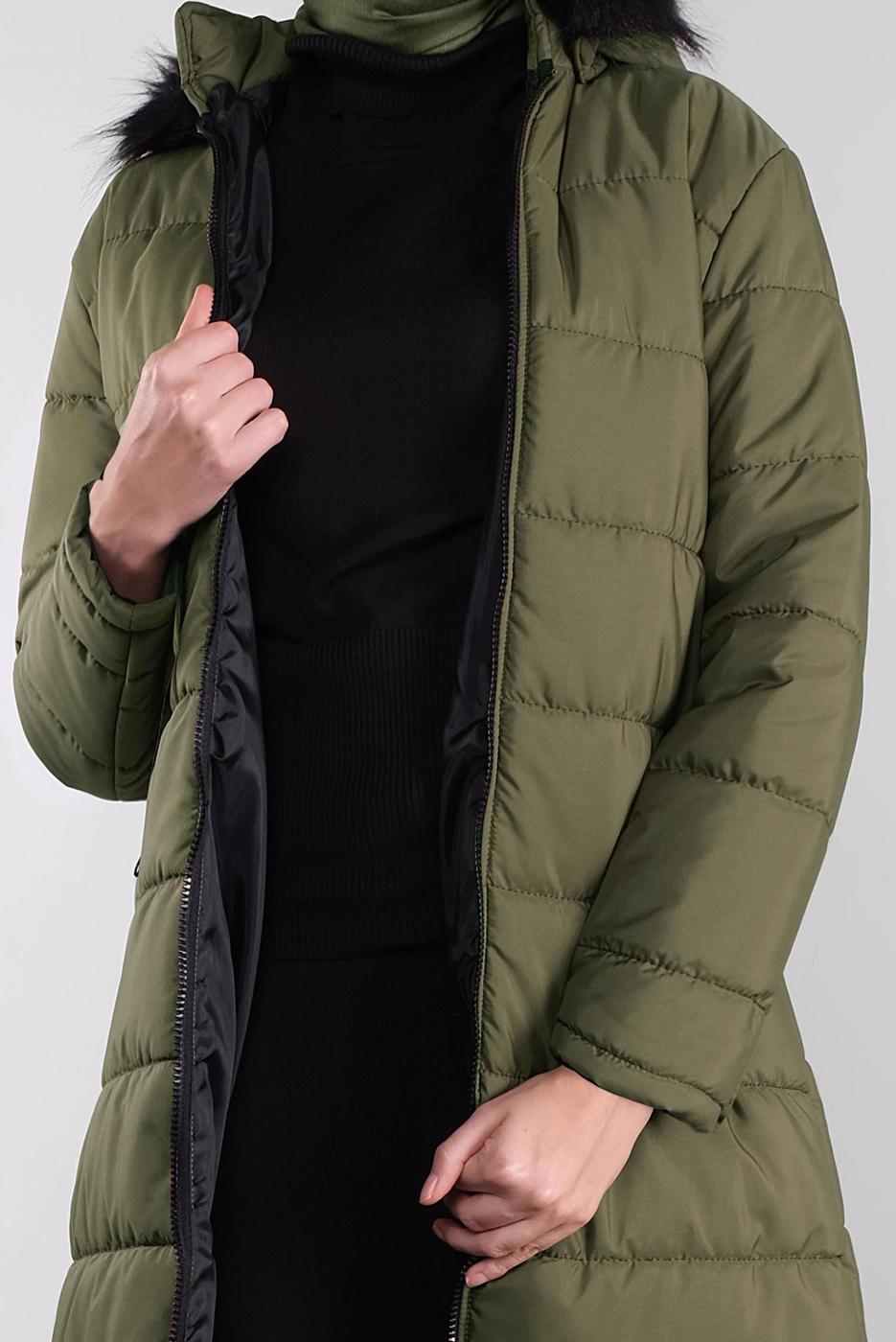 Hijab clothing KHAKI ZIPPED HOODED PUFFER COAT 4001