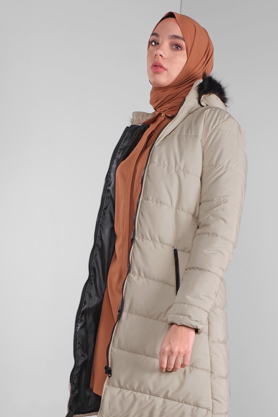 Hijab clothing BEIGE ZIPPED HOODED PUFFER COAT 4001