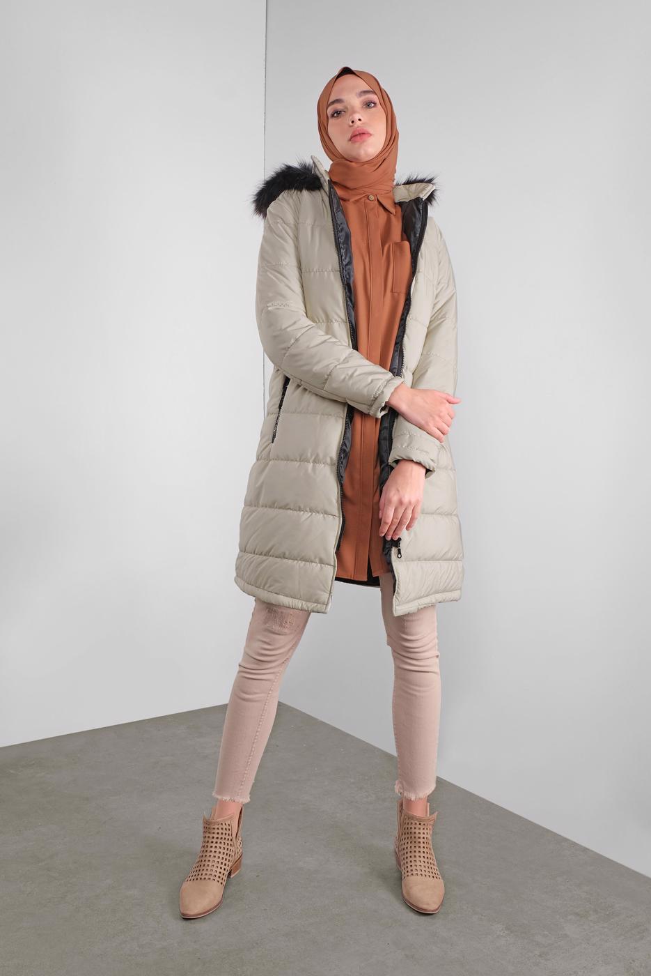 Hijab clothing BEIGE ZIPPED HOODED PUFFER COAT 4001