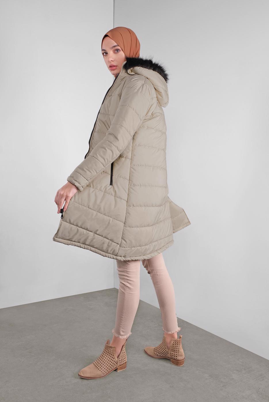 Hijab clothing BEIGE ZIPPED HOODED PUFFER COAT 4001