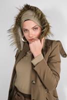 Tesettür giyim KAHVE KÜRK DETAYLI PELUŞ ASTARLI KABAN 6104 