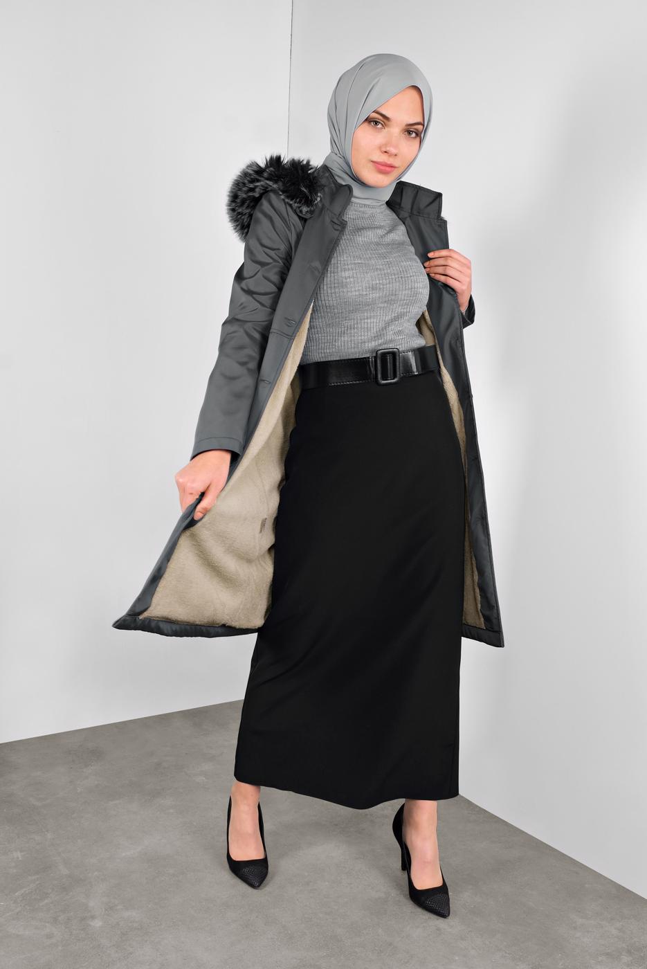 Hijab clothing GREY FUR DETAILED PLUSH-LINED COAT 6104 