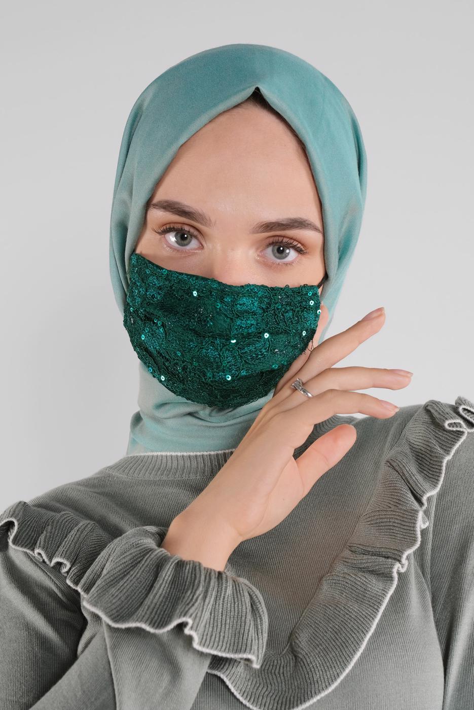 Hijab clothing GREEN 8003 ALVİNA DANTELLİ PULLU MASKE