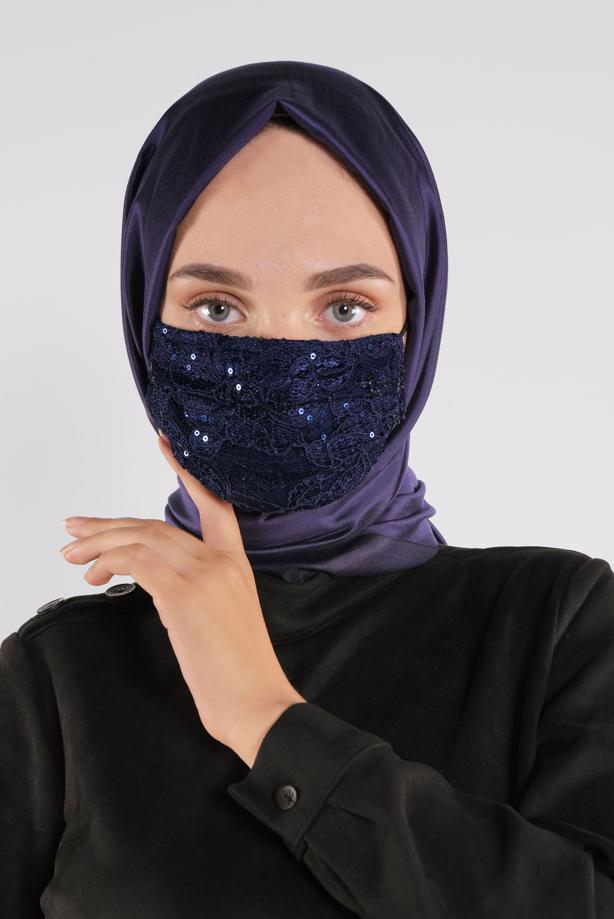 Hijab clothing NAVY BLUE 8003 ALVİNA DANTELLİ PULLU MASKE - TRENDTESETTÜR