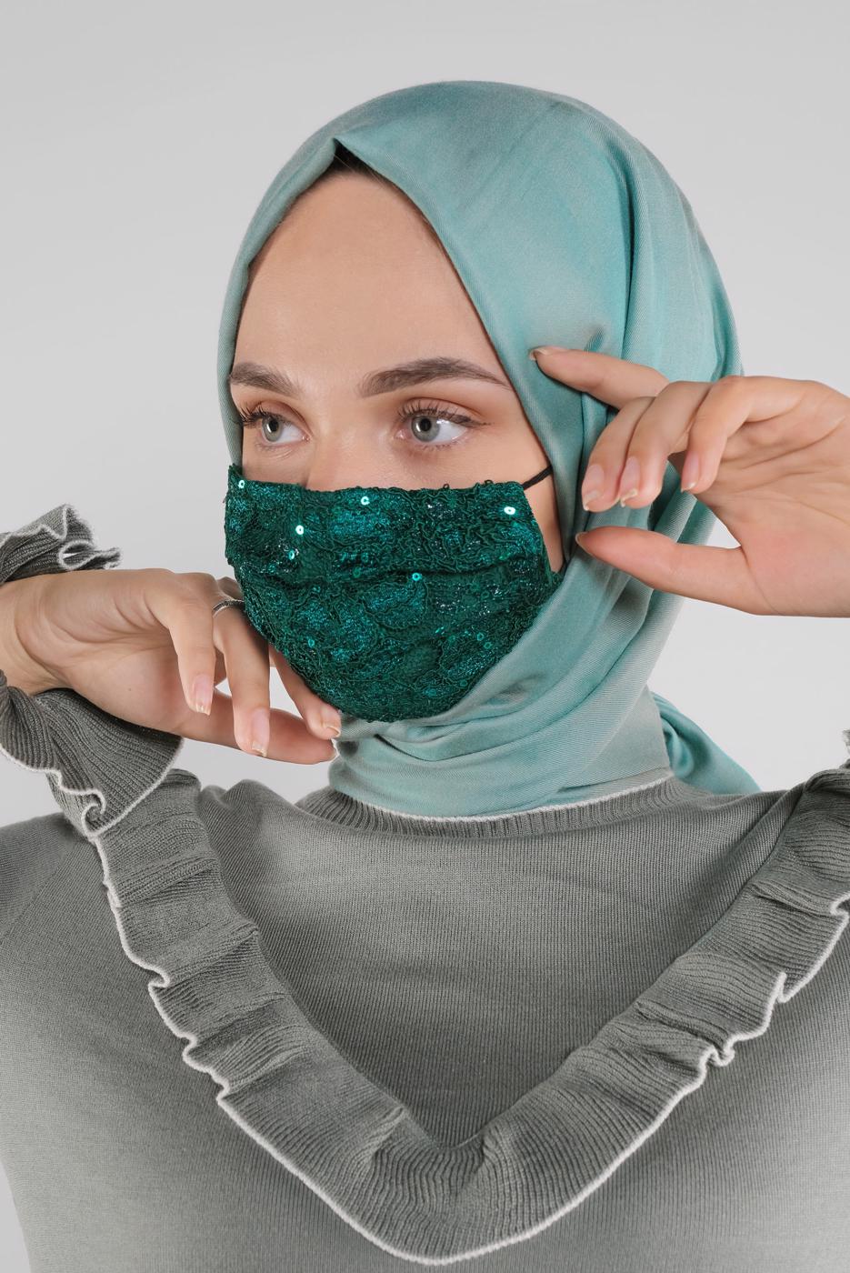 Vêtements hijab VERT T 8003 ALVİNA DANTELLİ PULLU MASKE