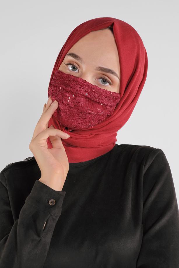 Hijab clothing CLARET RED T 8003 ALVİNA DANTELLİ PULLU MASKE - TRENDTESETTÜR