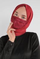 Tesettür giyim BORDO T 8003 ALVİNA DANTELLİ PULLU MASKE