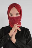 Tesettür giyim BORDO T 8003 ALVİNA DANTELLİ PULLU MASKE