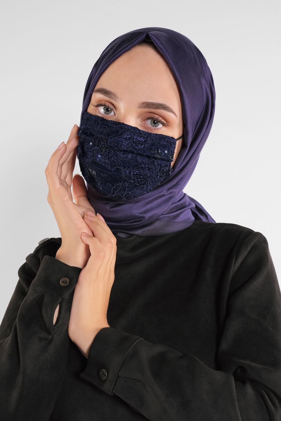 Hijab clothing NAVY BLUE T 8003 ALVİNA DANTELLİ PULLU MASKE
