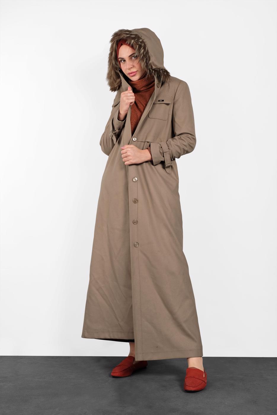 Hijab clothing BEIGE ALVINA HOODED SMOCKED WAIST COAT 90048