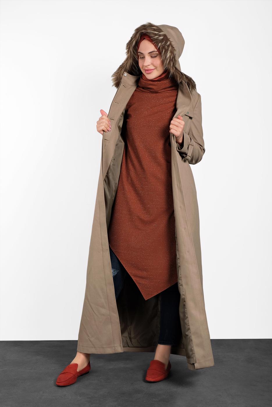 Hijab clothing BEIGE ALVINA HOODED SMOCKED WAIST COAT 90048