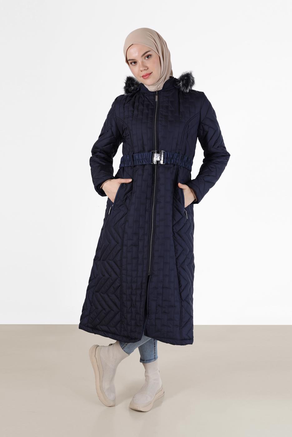 Tesettür giyim LACİVERT KAPÜŞONLU KAPİTONE MANTO 573 