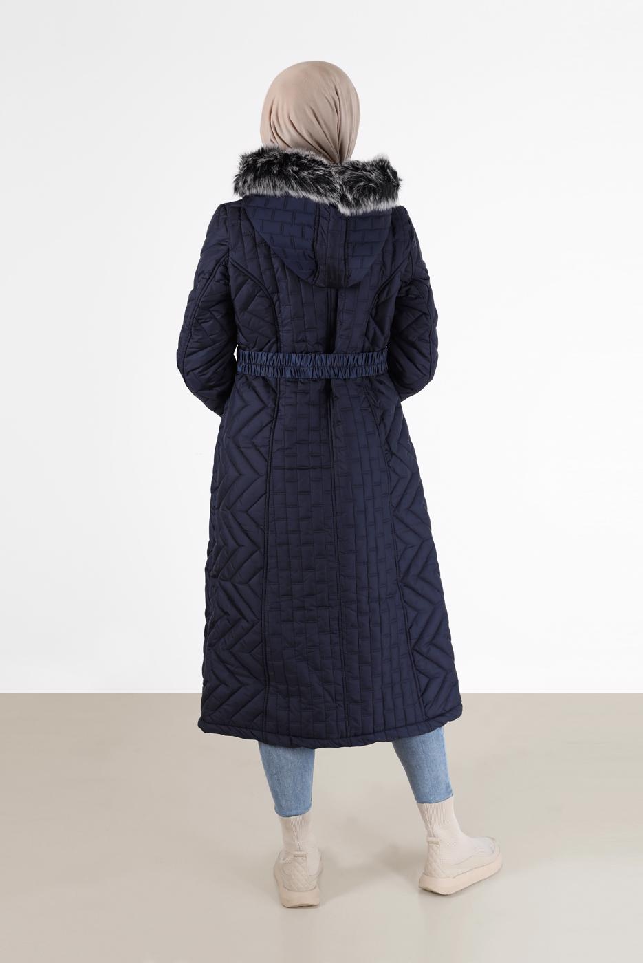 Tesettür giyim LACİVERT KAPÜŞONLU KAPİTONE MANTO 573 