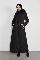 Tesettür giyim SİYAH BELDEN BAĞLAMALI KAPÜŞONU KÜRKLÜ MANTO 632