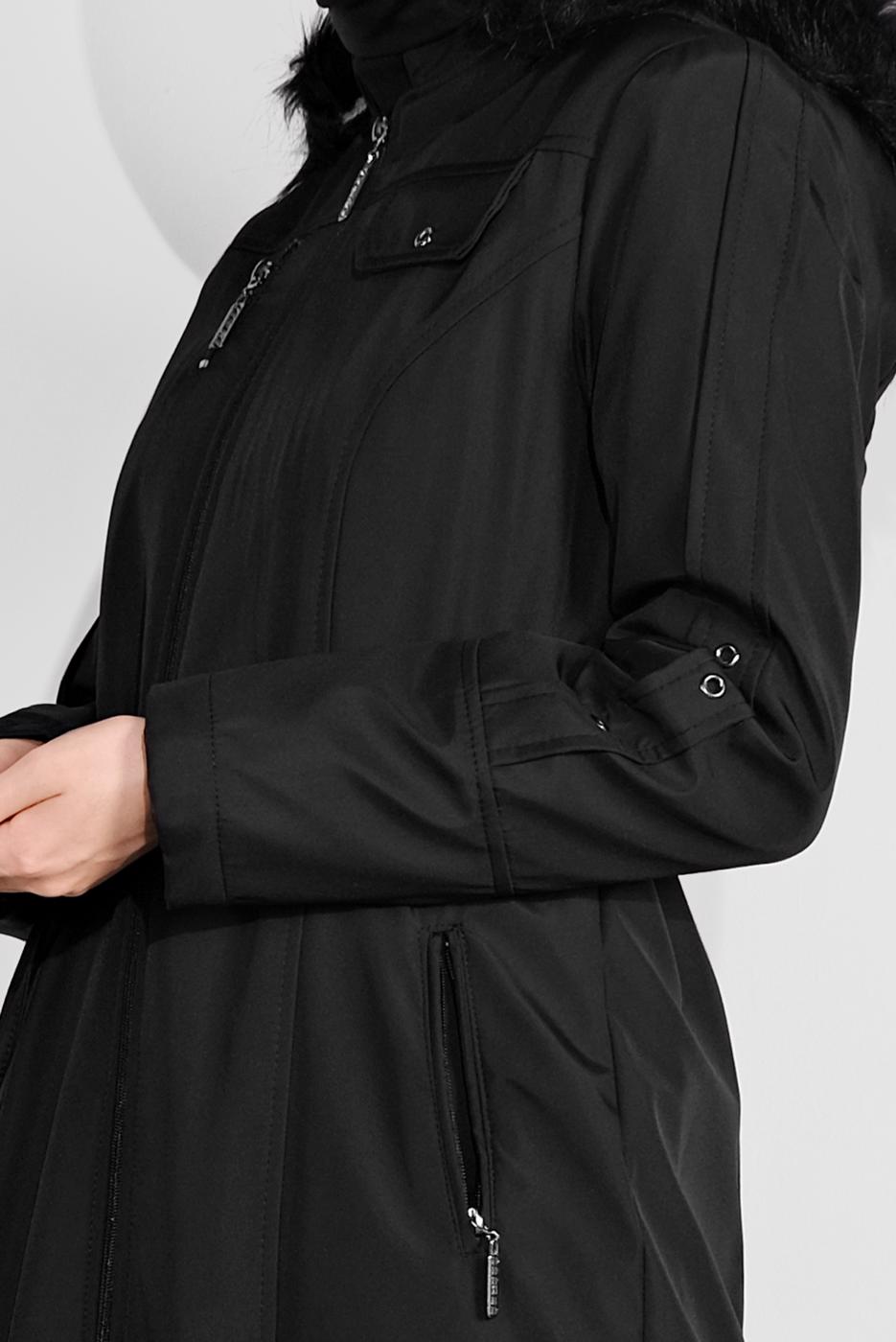 Tesettür giyim SİYAH BELDEN BAĞLAMALI KAPÜŞONU KÜRKLÜ MANTO 632