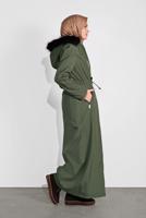 Tesettür giyim HAKİ BELDEN BAĞLAMALI KAPÜŞONU KÜRKLÜ MANTO 632