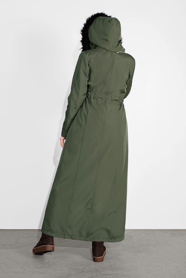 Tesettür giyim HAKİ BELDEN BAĞLAMALI KAPÜŞONU KÜRKLÜ MANTO 632 - TRENDTESETTÜR