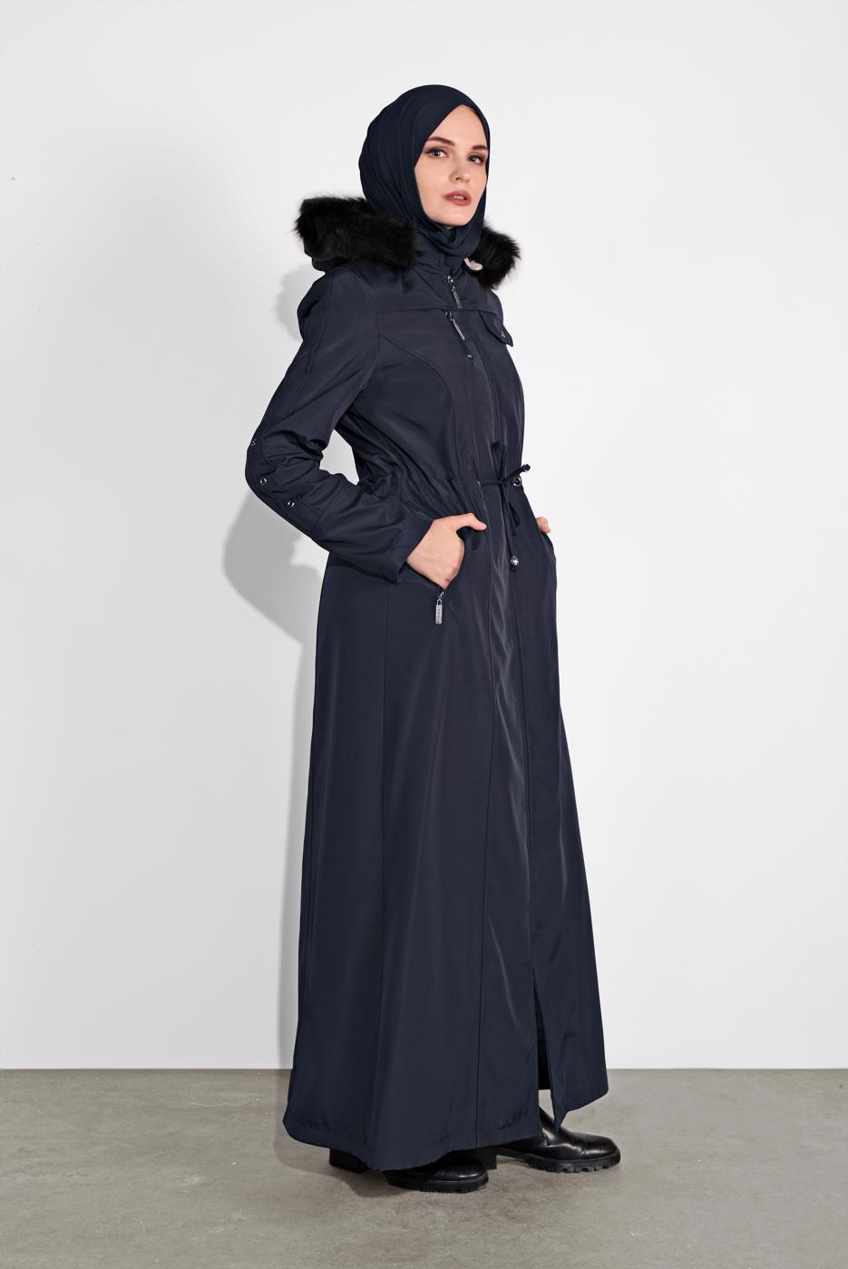Hijab clothing NAVY BLUE FAUX-FUR-TRIM HOODED BELTED COAT 632