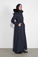 Hijab clothing NAVY BLUE FAUX-FUR-TRIM HOODED BELTED COAT 632