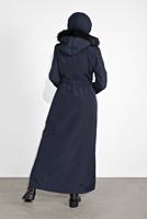 Hijab clothing NAVY BLUE FAUX-FUR-TRIM HOODED BELTED COAT 632