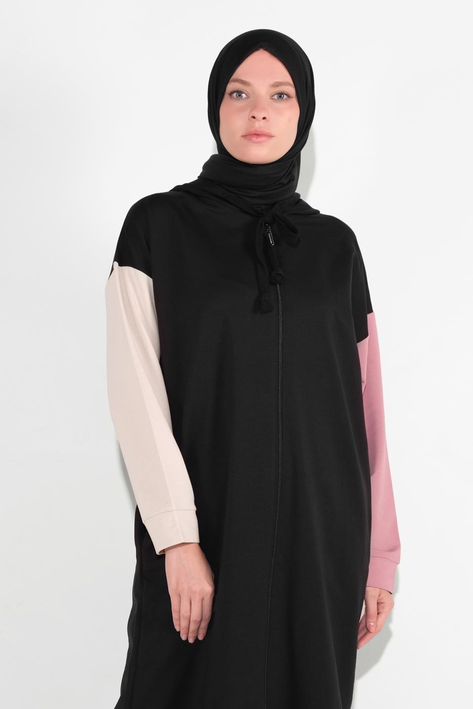 Tesettür giyim SİYAH KAPÜŞONLU FERMUARLI EŞOFMAN TAKIM 28104 