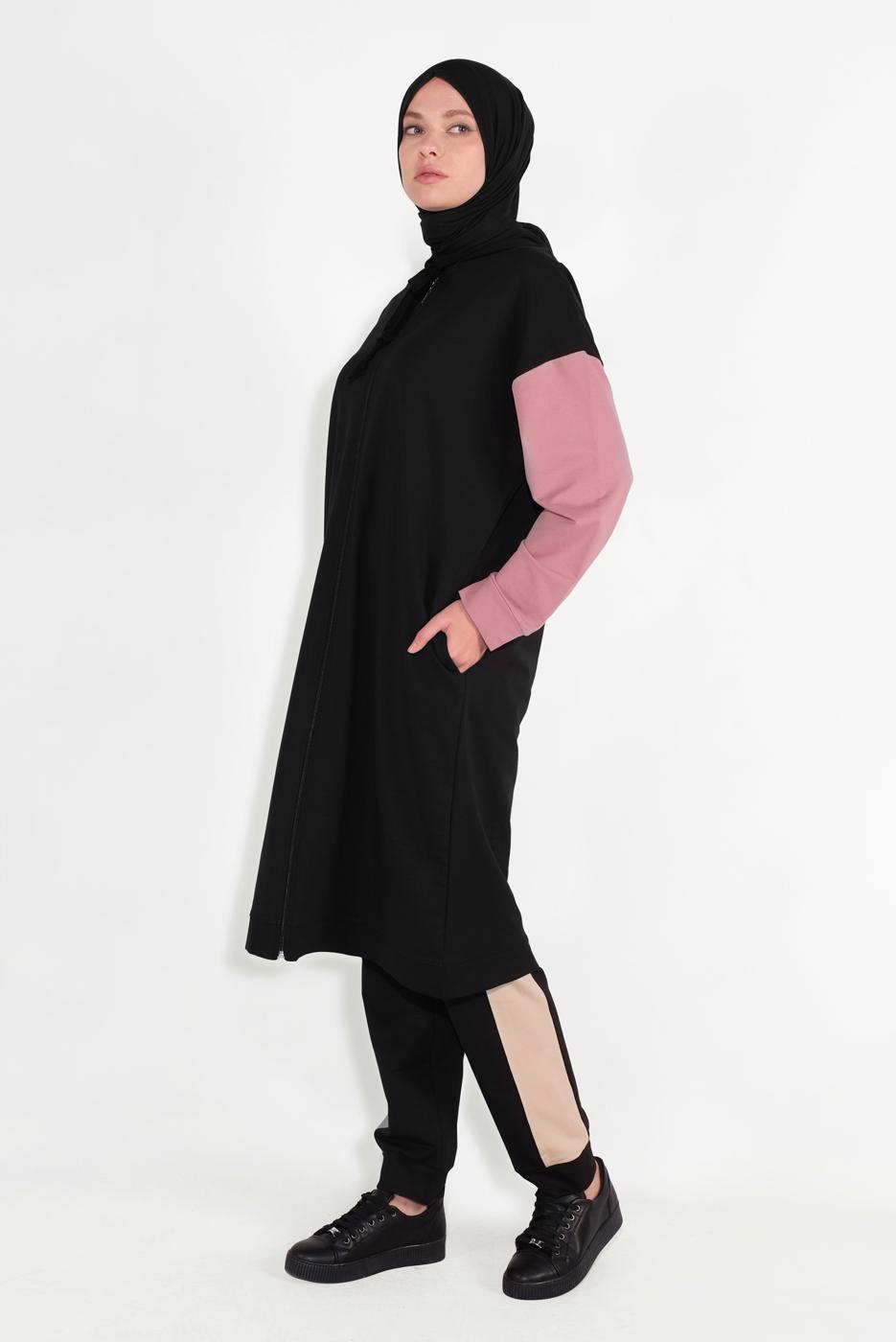 Tesettür giyim SİYAH KAPÜŞONLU FERMUARLI EŞOFMAN TAKIM 28104 