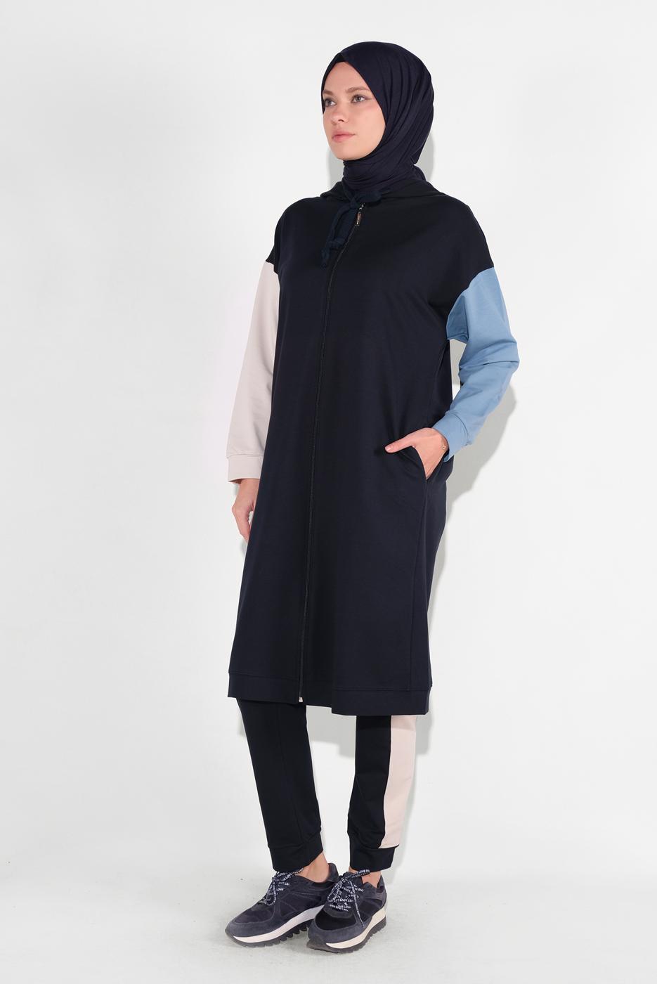 Tesettür giyim LACİVERT KAPÜŞONLU FERMUARLI EŞOFMAN TAKIM 28104 