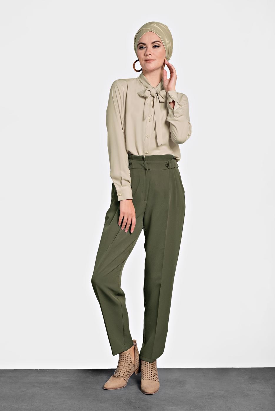 Tesettür giyim HAKİ ALVİNA YÜKSEK BEL PANTOLON 70007