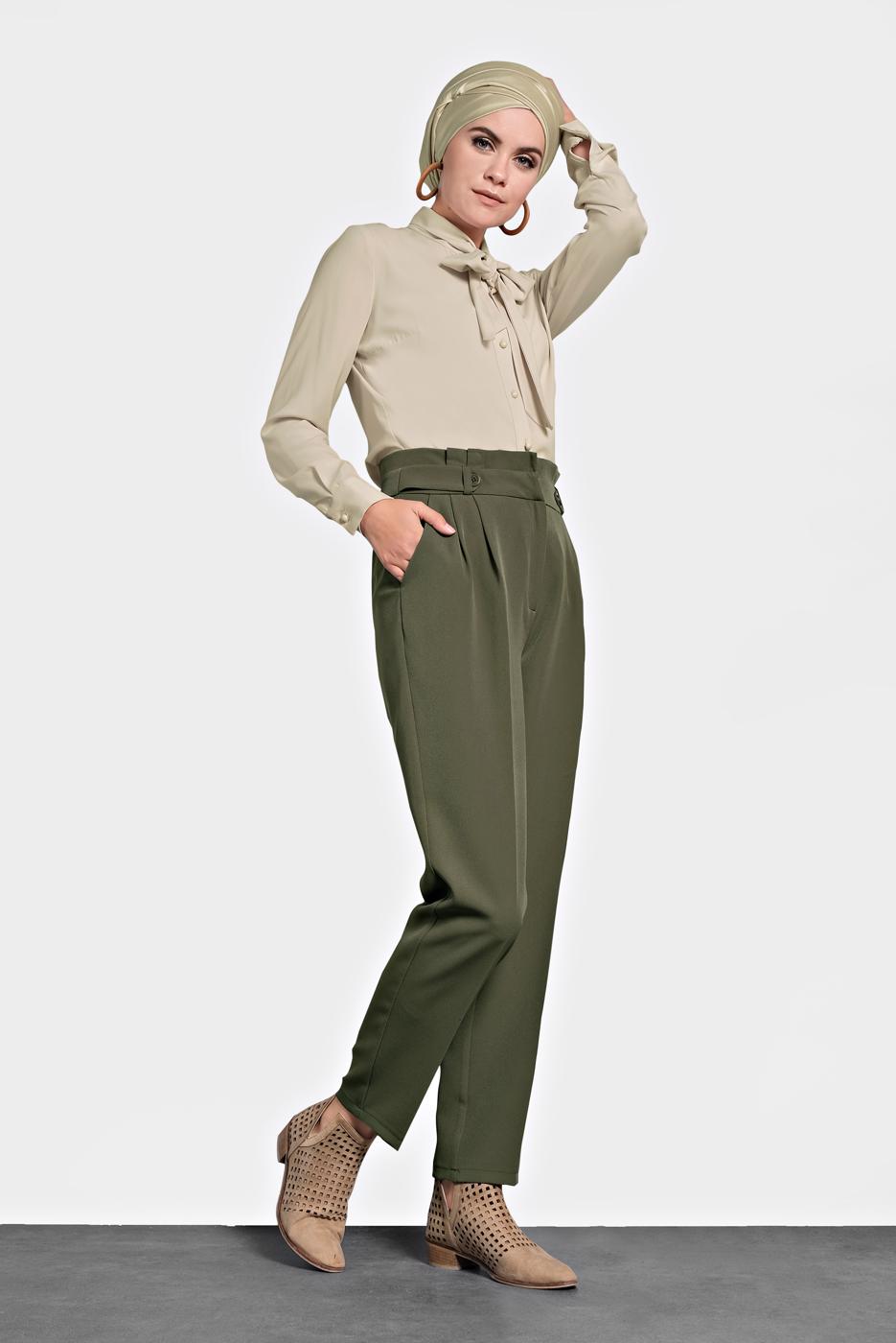 Tesettür giyim HAKİ ALVİNA YÜKSEK BEL PANTOLON 70007