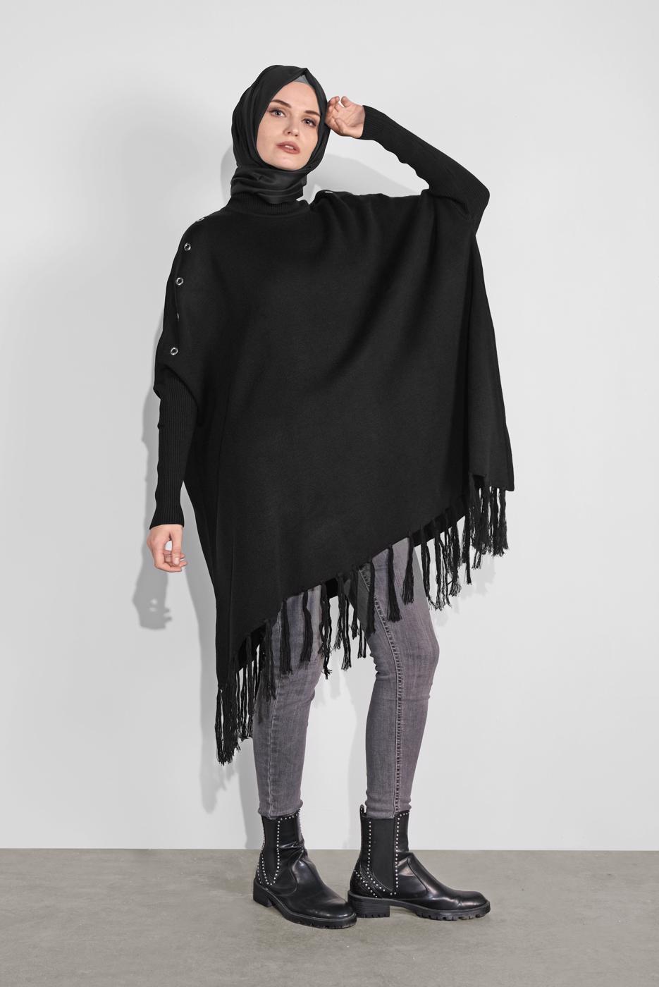 Vêtements hijab NOIR PONCHO À FRINGES 5032 