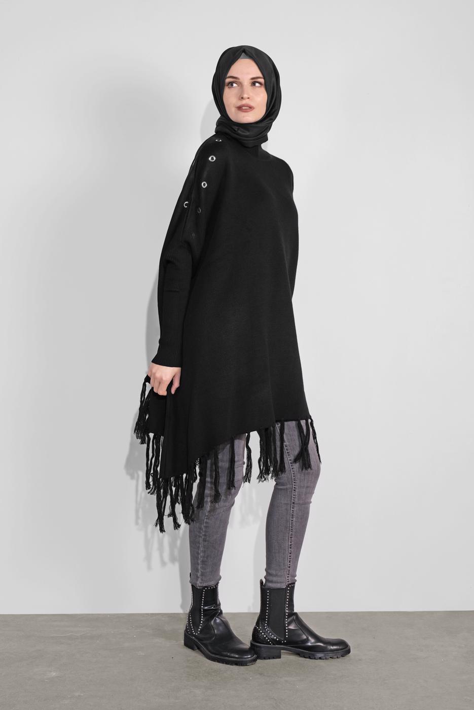 Vêtements hijab NOIR PONCHO À FRINGES 5032 