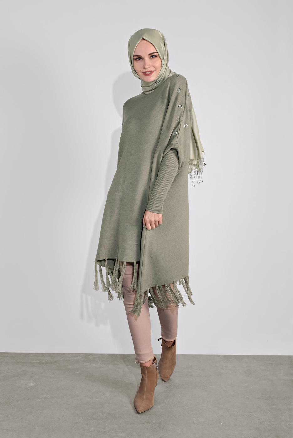 Vêtements hijab VERT PONCHO À FRINGES 5032 