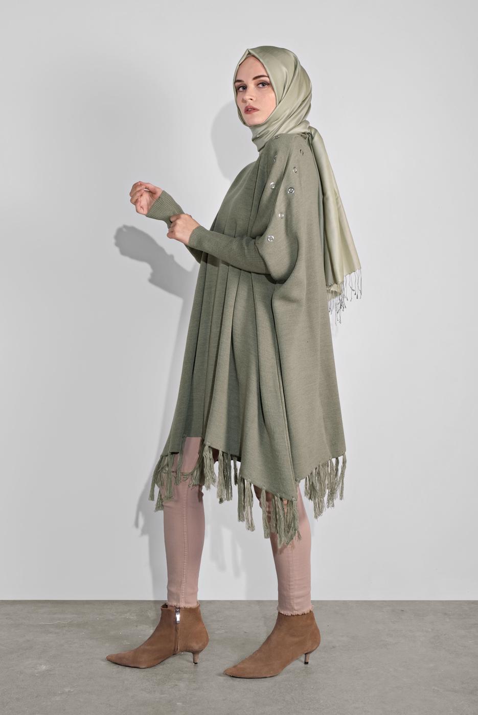 Vêtements hijab VERT PONCHO À FRINGES 5032 
