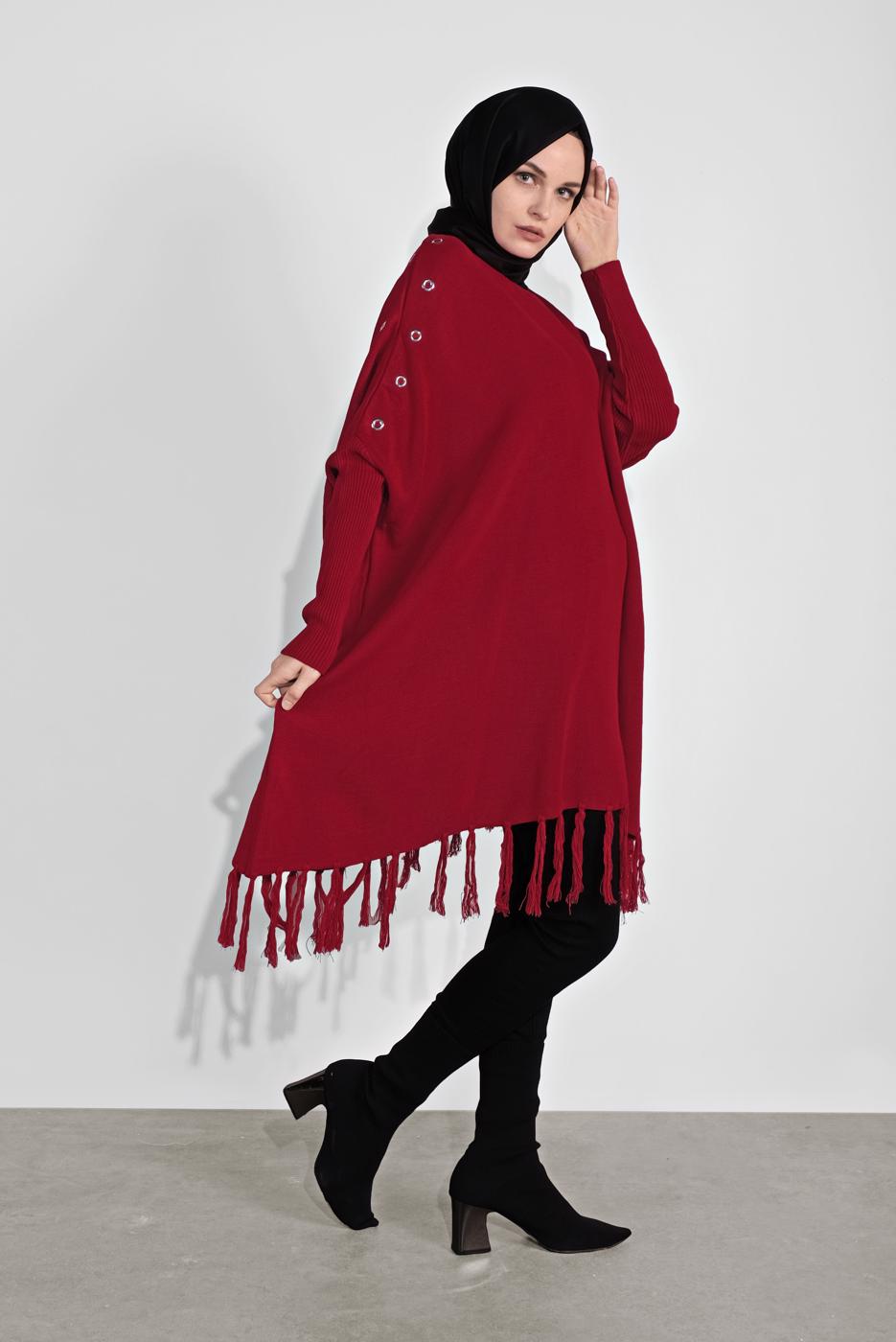 Tesettür giyim KIRMIZI PÜSKÜLLÜ PANÇO 5032