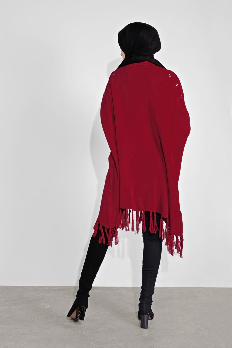 Tesettür giyim KIRMIZI PÜSKÜLLÜ PANÇO 5032