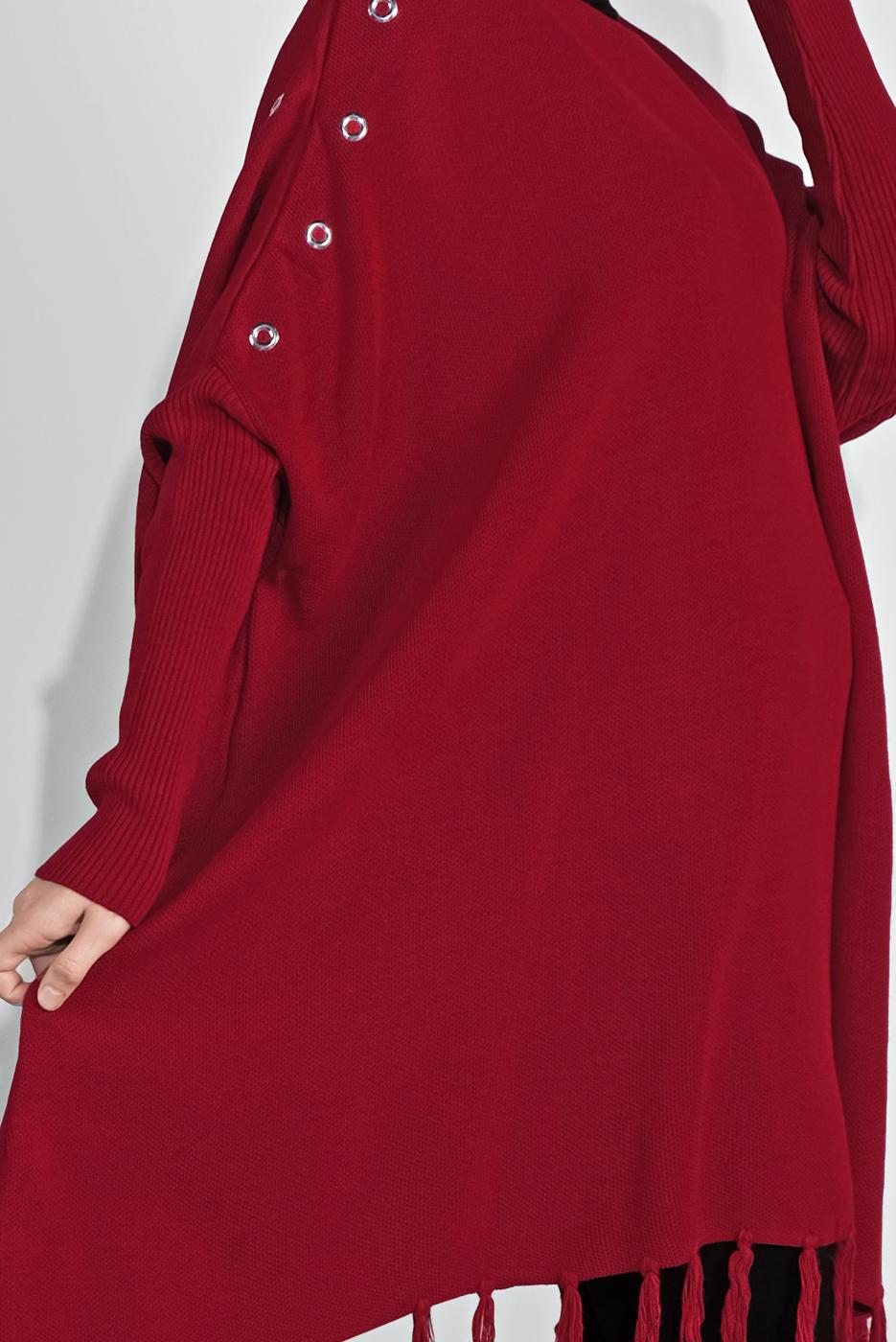 Tesettür giyim KIRMIZI PÜSKÜLLÜ PANÇO 5032